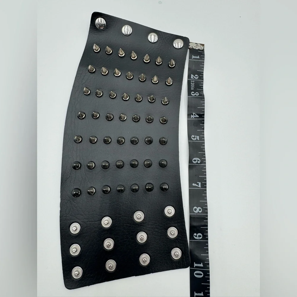Unisex Black Metal Spike Studded Punk Rock Biker Wide Leather Bracelet 1 Pair